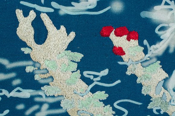 <i>Cladonia Bellidiflora</i>. Digital drawing print, hand embroidery. Cotton, linen, silk. (2022)