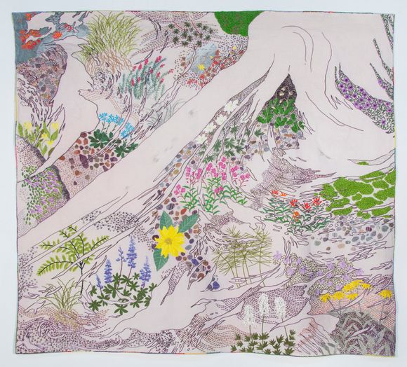 <i>Meteobotany - Alpine Flora</i>. Digital print on linen/cotton fabric, hand embroidery. (2021)