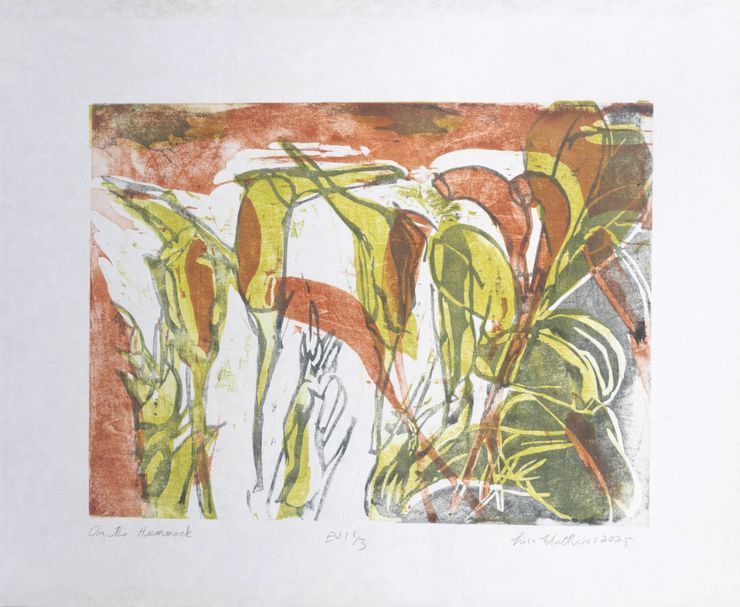 <b>On the Hummock, Water-based woodcut, Gouache and Rice Paste on Paper, 9x12”, 2025, EV 1 1/3</b></br>This print features an ink-and-brush-drawn depiction of <em>Dicranum</em> sporophytes, and for me celebrates the value learning something new, being an early attempt for me at making a mokuhanga piece. Mokuhanga involves entirely different methods from my oil-based woodcut prints. The piece features successful woodgrain impressions, playful block layering, and colour experimentation, all reflecting growth in learning key components of a new-to-me artistic process.