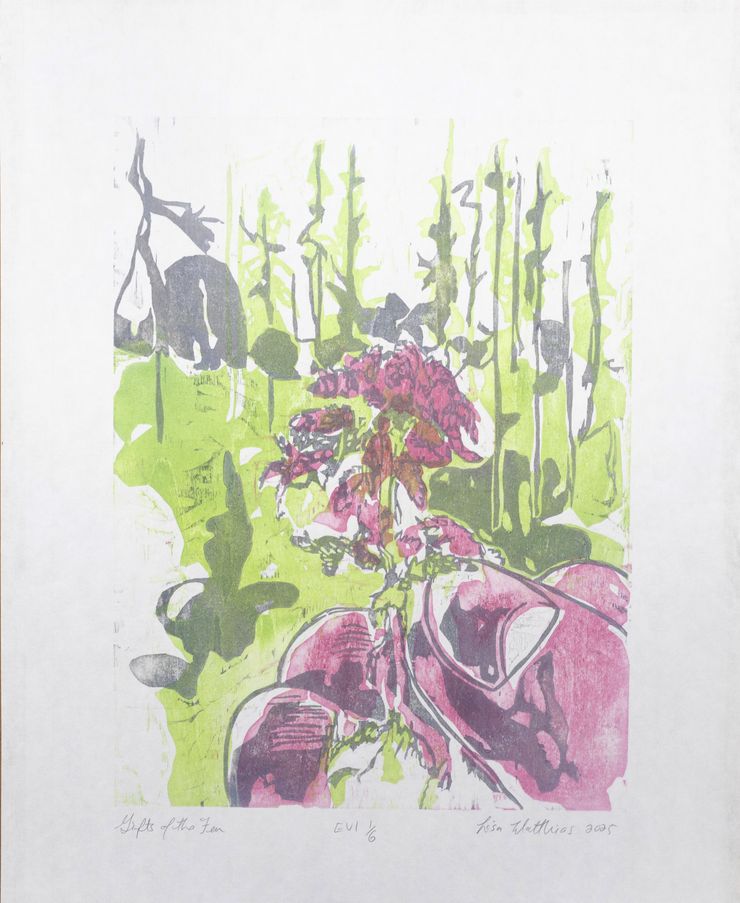 <b>Gifts of the Fen, Water-based woodcut, Gouache and Rice Paste on Paper, 9x12”, 2025, EV 1 1/6</b></br>I wanted to create a piece that brought together both human and <em>Sphagnum</em> moss in a single portrait. For this mokuhanga woodcut I selected a simple color palette of pink, green, and grey. The pinkish hues of the moss are echoed in the thumb and fingers of the person gently holding it, set against an abstracted backdrop of a northern fen. This work explores themes of ecological interconnectedness. 